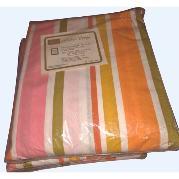 Sears Gala Stripe Twin Bright Fitted Sheet NOS Kitschy Vintage Eclectic New - Picture 2 of 5